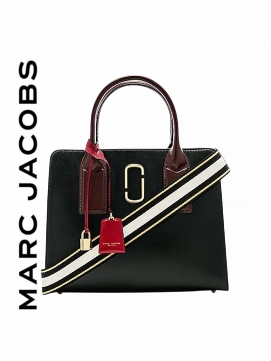 Marc Jacobs Handbags - Marc Jacobs Black Leather Satchel with Burgundy Handles and Red Tag